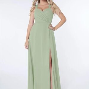 Azazie Sage Green V-Neck Maxi Dress with Side Slit and Open Back